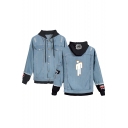 Cool Unique Puppet Figure Print Hooded Long Sleeve Fake Two-Piece Ripped Blue Denim Jacket