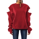 Womens Cool Solid Color Hollow Out Long Sleeve Casual Loose Burgundy Sweatshirt