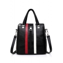 Women's Fashion Colorblock Stripe Patched PU Leather Tote Shoulder Bag Backpack 30*27*10 CM