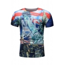 New York Statue of Liberty Printed Round Neck Short Sleeve Blue T-Shirt