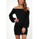 Womens Chic Basic Simple Solid Color Sexy Off the Shoulder Lantern Long Sleeve Mini Bodycon Dress