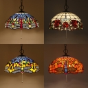 Rustic Style Dragonfly Hanging Light with Pull Chain Stained Glass Pendant Light for Restaurant
