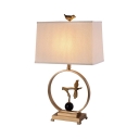 1 Light Rectangle Desk Light Rustic Style Linen Study Lighting with Bird in Brass for Bedroom