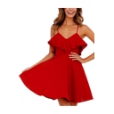 Summer Hot Popular Simple Solid Color Ruffled Hem Open Back Red A-Line Cami Dress