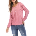 Chic Simple Button Embellished Round Neck Long Sleeve Plain Casual Sweatshirt
