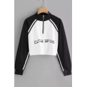 Popular Letter CUTE PSYCHO Black and White Colorblocked Half-Zip Stand Collar Cropped Sweatshirt