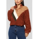 Womens Hot Popular Color Block Half-Zip Stand Collar Long Sleeve Fluffy Fleece Khaki Sweatshirt