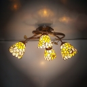 Stained Glass Sunflower Ceiling Mount Light Study Room 4 Heads Rustic Stylish LED Ceiling Lamp in Yellow