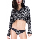 Womens Sexy Fashion Leopard Pattern Long Sleeve Loose Fit Black Crop Hoodie