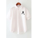 Cartoon Cat Embroidery Short Sleeve Casual Loose Striped Shirt