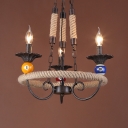 Colonial Style Candle Chandelier Rope 3 Lights Bronze Pendant Light with Billiard for Hallway