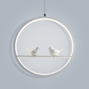 Nordic Stylish Ring Hanging Light with Bird Acrylic White Pendant Light with Warm/White Lighting for Bedroom