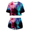 Cool 3D Figure Pattern Short Sleeve Cropped Tee with Casual Dolphin Shorts Two-Piece Set