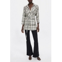 Women's Stylish Check Plaid Print Spread Collar Long Sleeve Tied Hem Tunic Shirt Blouse