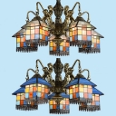 Stained Glass House Pendant Lamp with Mermaid 5 Lights Tiffany Style Antique Chandelier for Restaurant