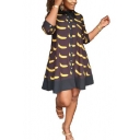 Women's Funny Banana Print Half Sleeve Bow Round Neck Button-Front Mini A-Line Brown Dress