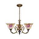 Stained Glass Flower Chandelier Bedroom 3 Lights Tiffany Style Antique Engraved Hanging Lamp
