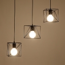 Industrial Black Pendant Light Square Cage 3 Lights Metal Hanging Light for Living Room