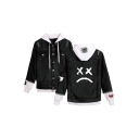 Popular Sad Face Printed Patched Hooded Long Sleeve Button Front Black Denim Jacket