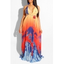 Women's Hot Fashion Spaghetti Straps Sleeveless Printed Bow-Tied Waist Maxi Pleated Orange Dress