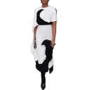 Women's Cool Round Neck Cutout Short Sleeve Colorblock Ruffle Hem Printed Maxi Asymmetric White Dress