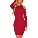 Womens Basic Solid Color Hollow Out Long Sleeve Night Club Mini Bodycon Dress