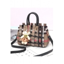 Trendy Colorblock Stripe Printed Bear Pendant Braided Satchel Tote Handbag for Women 29*15*27 CM
