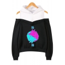 Fashion Vaporwave Two-Tone Wolf Head Print Cold Shoulder Long Sleeve Loose Fit Hoodie