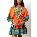 Fashion Ethnic Style Tribal Printed V-Neck Yellow Mini A-Line Dress