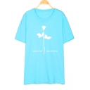 Trendy Simple Letter Floral Pattern Round Neck Short Sleeve Casual Cotton Tee