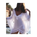 Womens Summer Holiday Fashion White V-Neck Crochet Hem Casual Loose Bikini Cover Up
