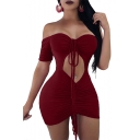 Womens Sexy Off the Shoulder Short Sleeve Cutout Front Drawstring Ruched Mini Bodycon Club Dress