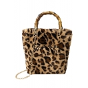 New Fashion Letter Embroidery Leopard Pattern Top Handle Brown Plush Shoulder Tote Bag 21*10*26 CM