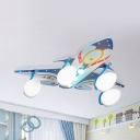 Teen Airplane LED Flush Mount Light Remote Control Wood Cartoon Blue Ceiling Light