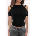 Womens Sexy Simple Plain Hollow Cold Shoulder Short Sleeve Slim Cropped T-Shirt