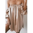 Women's Sexy Off the Shoulder Simple Plain Puff Sleeve Casual Loose Tunic Party Bandeau Blouse Top Dress