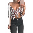 Trendy Vertical Stripe Printed Knotted Plunging V-Neck Long Sleeve Cropped Blouse Top