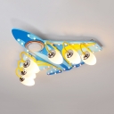 Blue Cartoon Plane Semi Flush Light 6 Lights Creative Wood Bluetooth Ceiling Fixture for Kindergarten