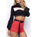 Cool Women's Colorblock Stripe Contrast Trim Mock Neck Long Sleeve Black Cropped Sweatshirt