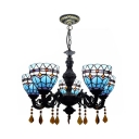 Stained Glass Dome Chandelier Light Foyer 5 Lights Mediterranean Style Pendant Lamp in Blue
