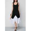 New Stylish Scoop Neck Sleeveless Colorblock Midi Asymmetric Black Dress For Women