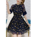 Girls Summer Blue Allover Leaf Printed Short Sleeve Mini A-Line Chiffon Dress