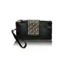 Fashion Plain Rivet Embellishment Black Leather Evening Clutch Bag