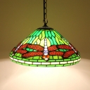Rustic Dragonfly Hanging Lamp 1 Light Stained Glass 16 Inch Ceiling Pendant in Green for Stair