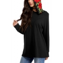 Women's Chic Floral Embroidery Hood Long Sleeve Sport Loose Black Hoodie