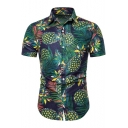 Summer Hawaiian Pineapple Printed Short Sleeve Button Front Green Slim Shirt