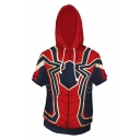Cool Blue and Red Spider Pattern Short Sleeve Casual Sport Drawstring Hoodie