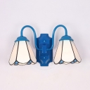 Bedroom Kitchen Cone Wall Sconce Glass 2 Lights Tiffany Style Blue and White Wall Light
