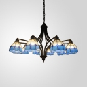 Mediterranean Style Dome Chandelier Stained Glass 10 Lights Blue Hanging Light for Living Room