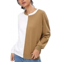 Trendy Color Block White and Khaki Round Neck Long Sleeve Pullover Sweatshirt